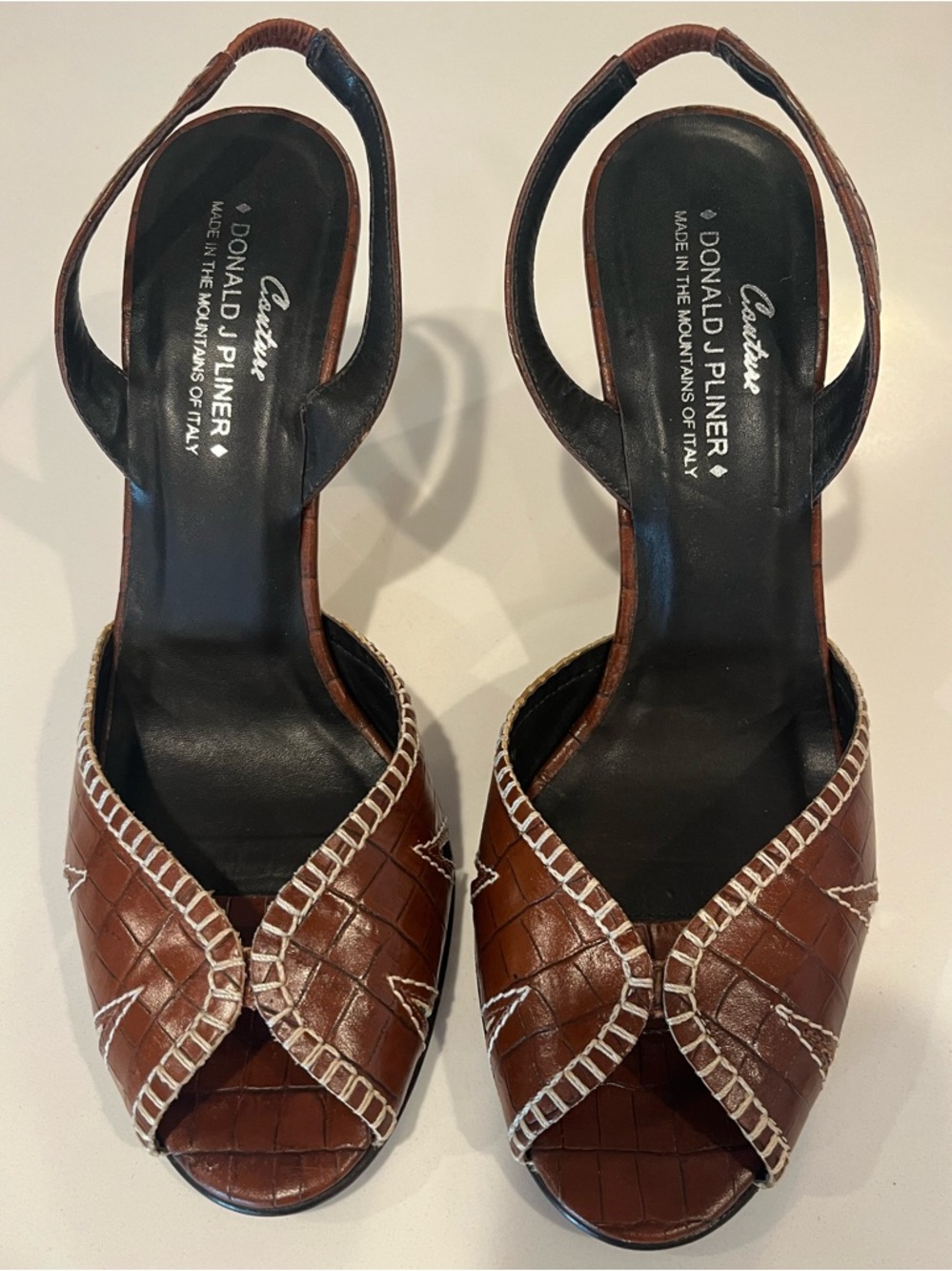 Like New COUTURE Vintage Donald J. Pliner Brown Leather Peep-Toe Slingback Heels